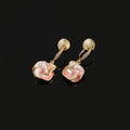 Elegant Pink Enamel Camellia Flower Rhinestone Spiral Drop Stud & Clip On No Piercing Earrings