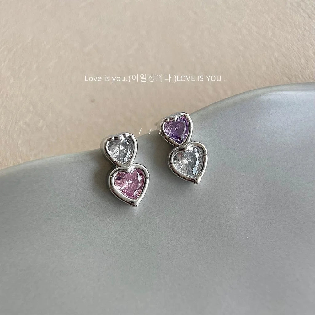 Korean Japanese Style Copper Micro Pave Zircon Colorful Heart Asymmetric Stud Earrings
