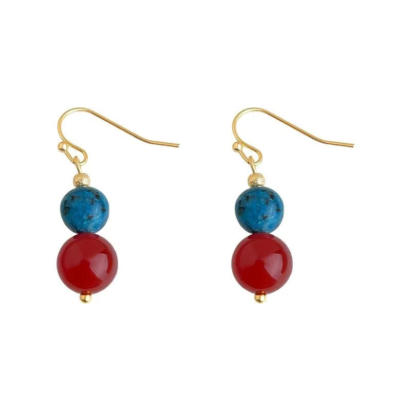 Handmade Copper Red Agate Drop Earrings Ethnic Vintage Geometric Round Dangle Jewelry