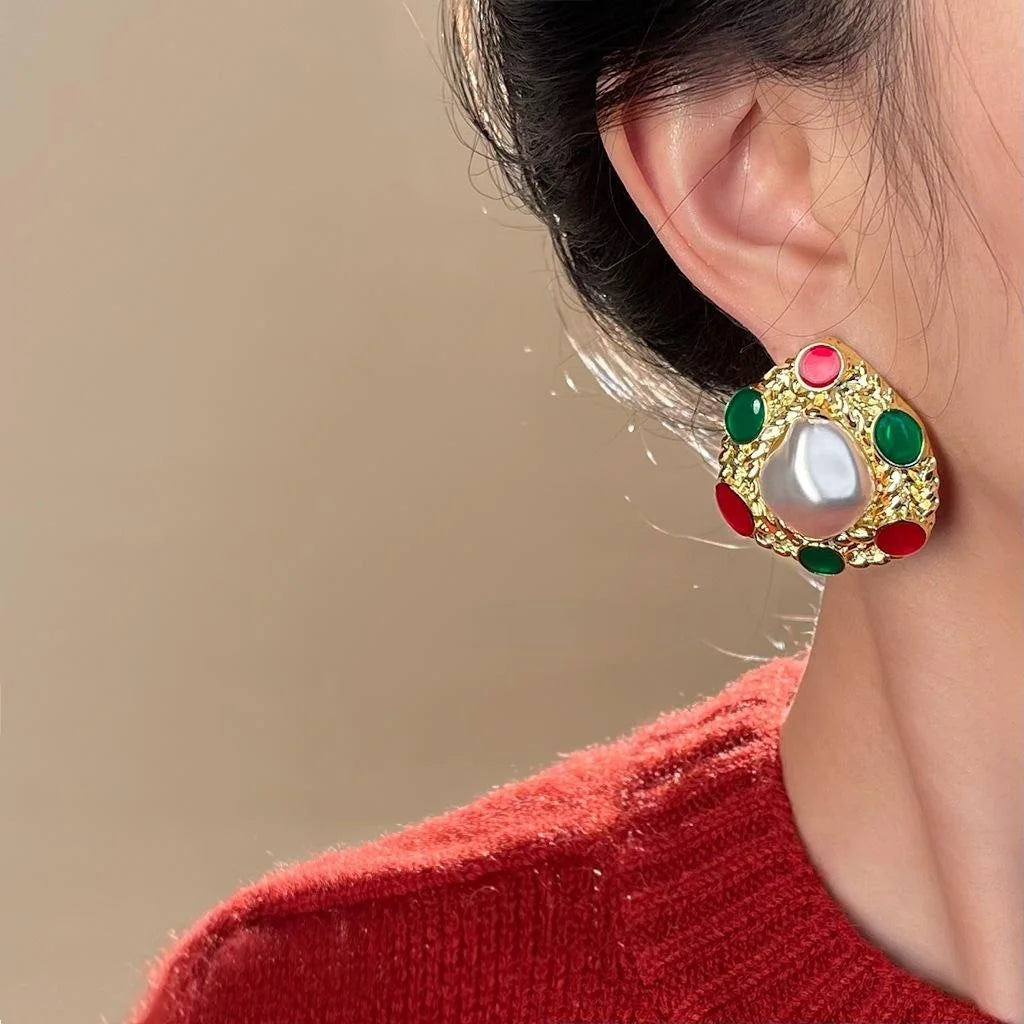 Oversized French Vintage Copper Pearl Drop Earrings Handmade Enamel Irregular Geometric Design
