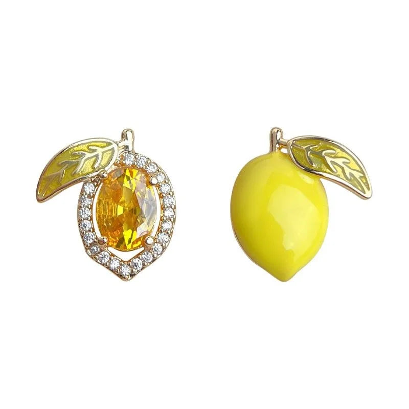 Summer Lemon Asymmetric Stud Earrings With Silver-Plated Pins, Micro Pave Zircon And Hand-Enamel Fruit Design