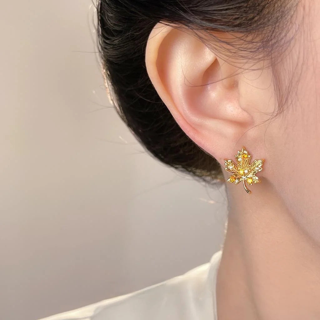 Designer Maple Leaf Micro Pave Zircon Copper Stud Earrings, Elegant Fall Style