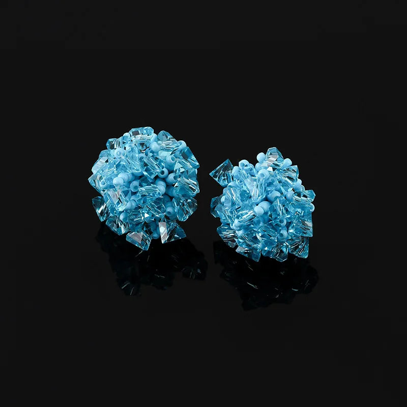 Elegant Blue Crystal Beaded Flower Stud & Clip On No Piercing Handmade Summer Statement Earrings