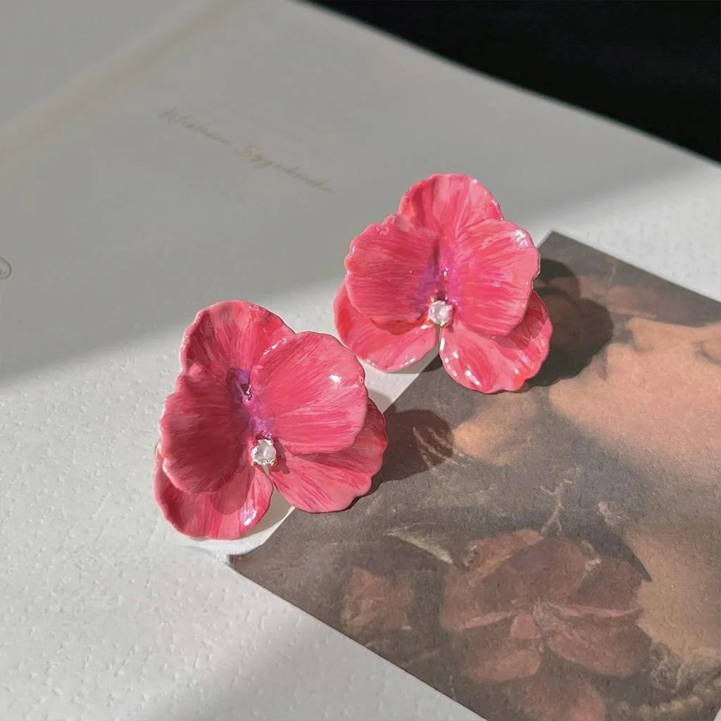 14K Plated Copper 3D Floral Petal Stud Earrings With Red Wave Korean Japanese Style