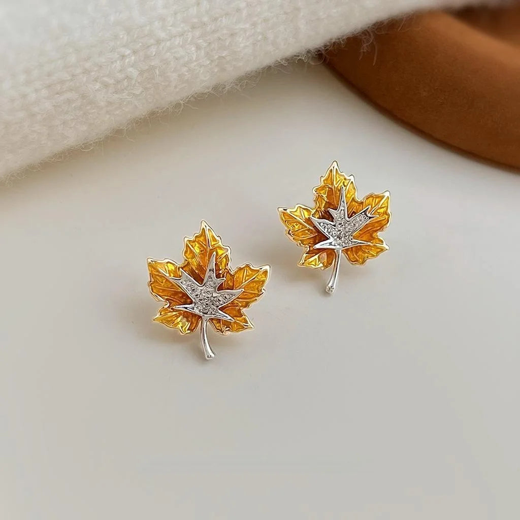Elegant Two Tone Maple Leaf Enamel Zircon Copper Stud Earrings