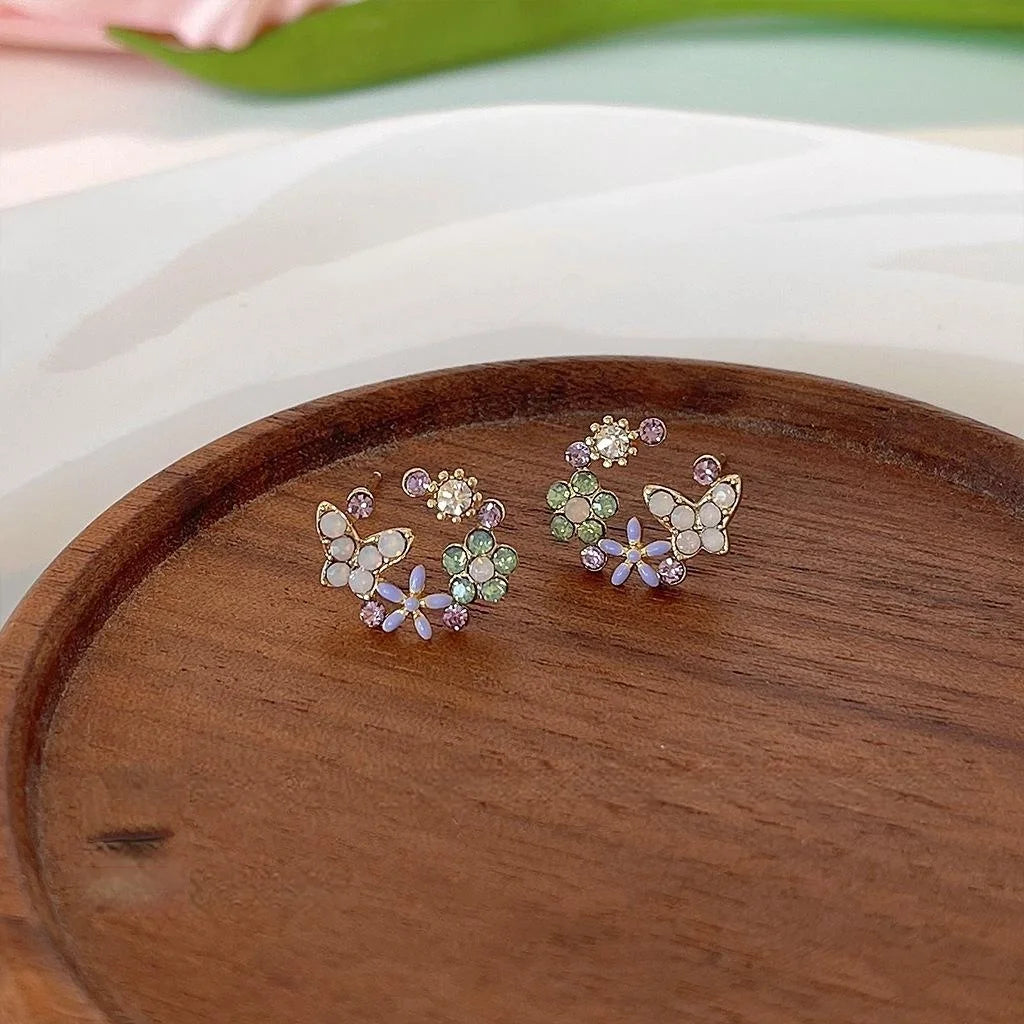 Forest Style Copper 14K Plated Rhinestone Butterfly Flower Wreath Stud Earrings