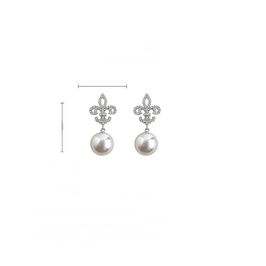 Light Luxury Iris Flower Copper Glass Pearl Micro Pave Zircon Geometric Drop Earrings