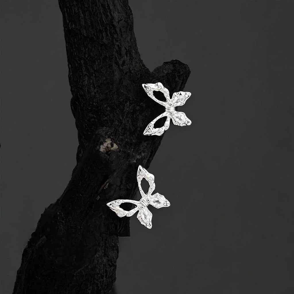 Mini Micro Pave Zircon Butterfly Stud Earrings Copper Fresh Simple Silver Plated Pin