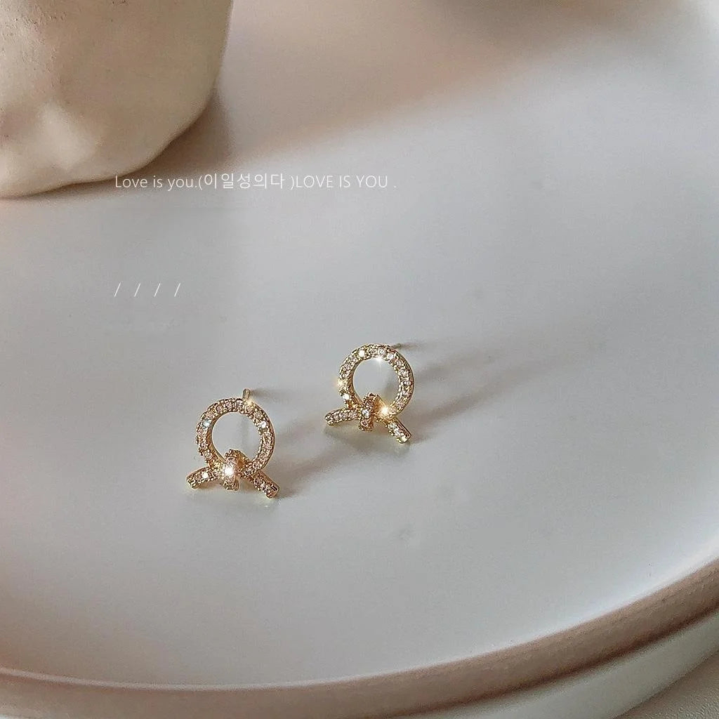 14K Plated Copper Rope Knot Geometric Zircon Stud Earrings, Mini Minimalist Korean Style