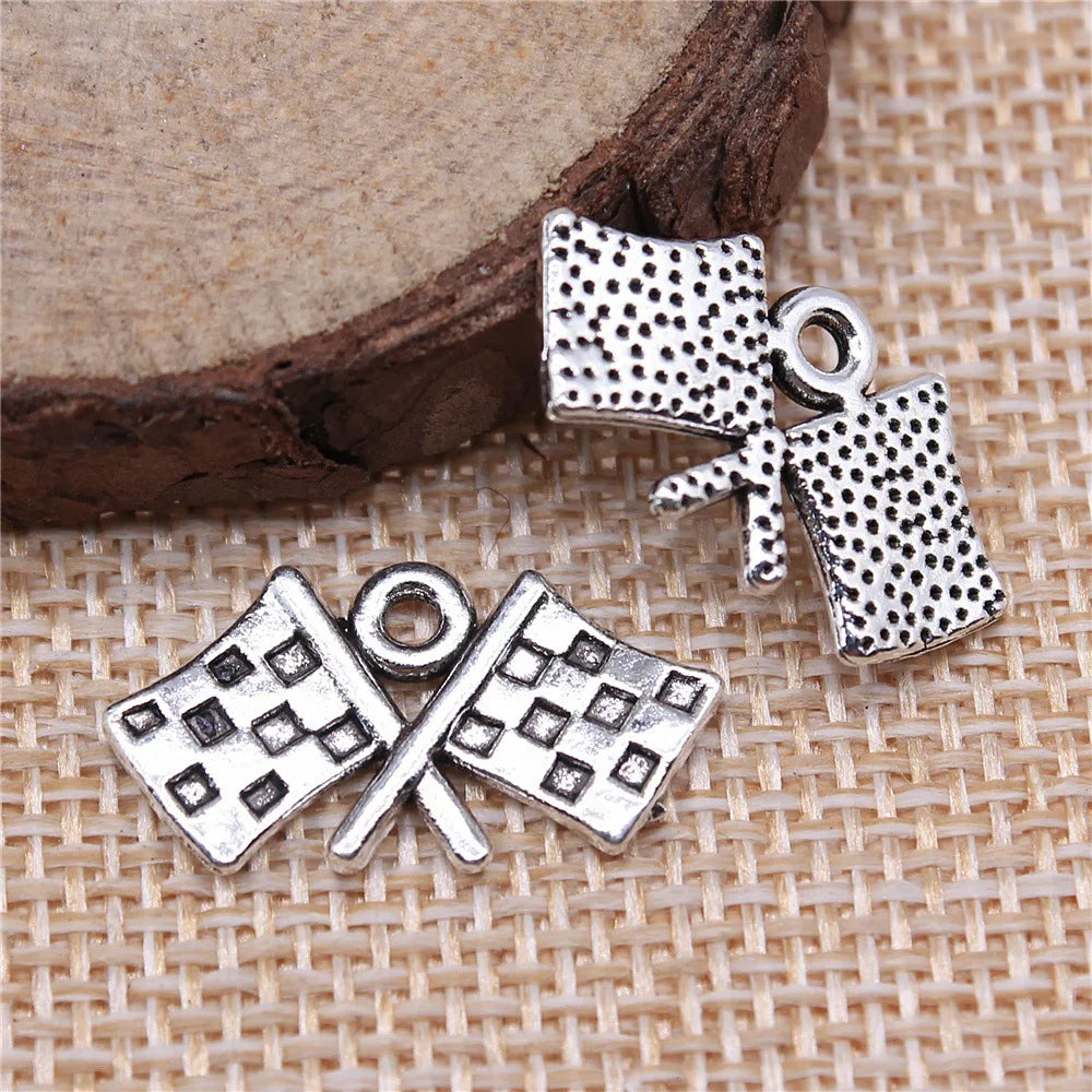 22x12mm 1.6g Antique Silver Zinc Alloy Racing Flag Charm Pendant for DIY Sports Jewelry Making