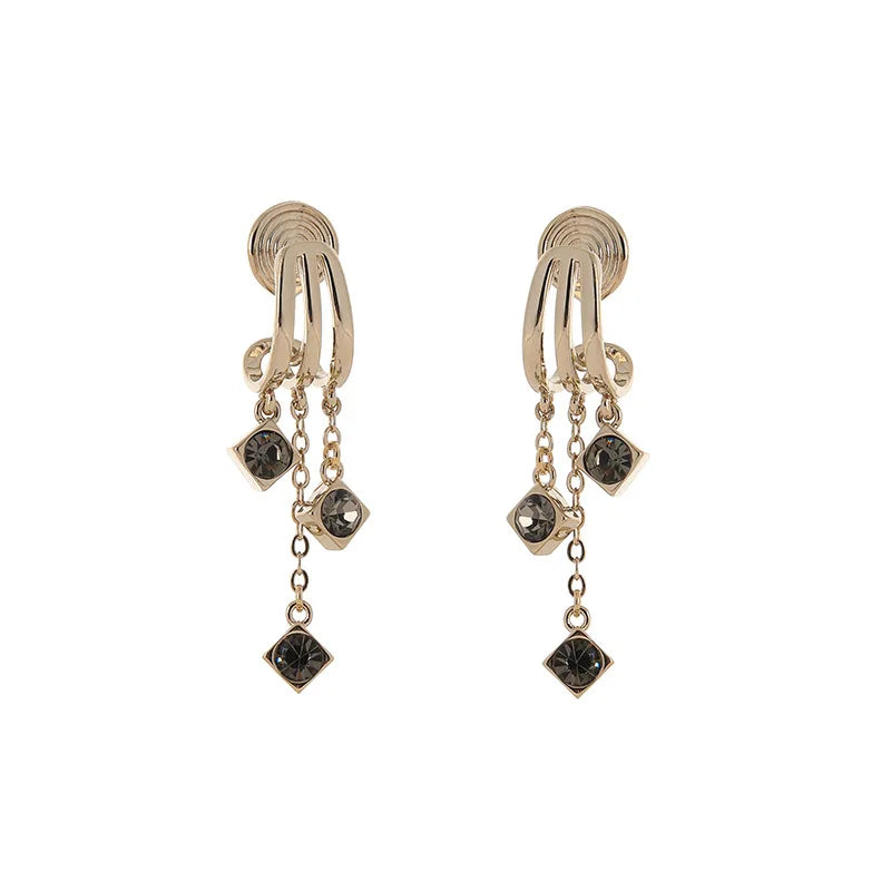 French Vintage Gold Alloy Rhinestone Square Charm Chain Tassel Stud & Clip On No Piercing Earrings