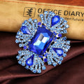 Luxury Royal Blue Crystal Rhinestone Flower Brooch Elegant Alloy Lapel Pin Corsage For Fur Coat Suit Gift