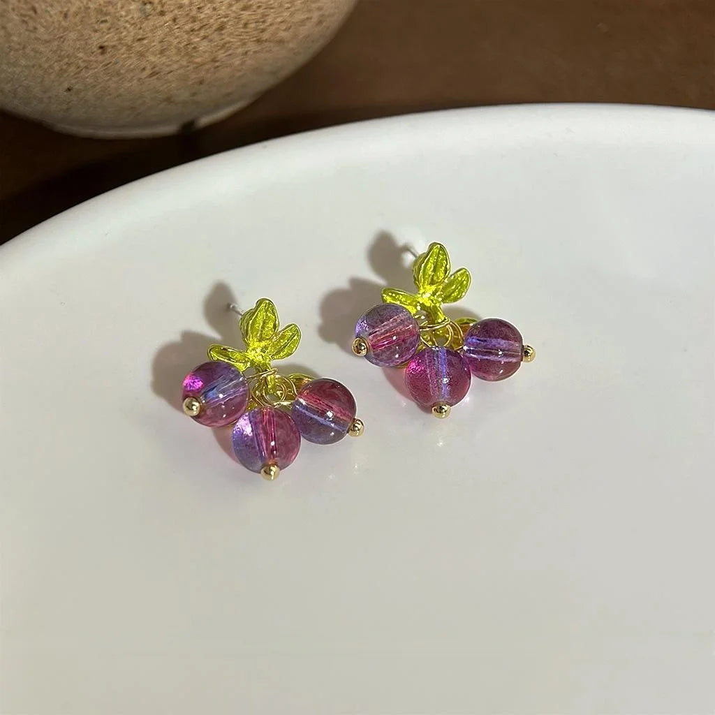 Handmade Purple Grape Cluster Crystal Glass Stud Earrings Sweet Fresh Summer Vacation Style