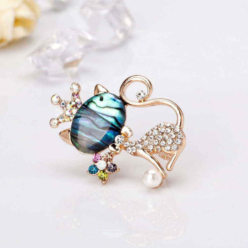 Cute Cat Crown Brooch With Mother Of Pearl Shell And Rhinestone Alloy Lapel Pin Corsage Gift