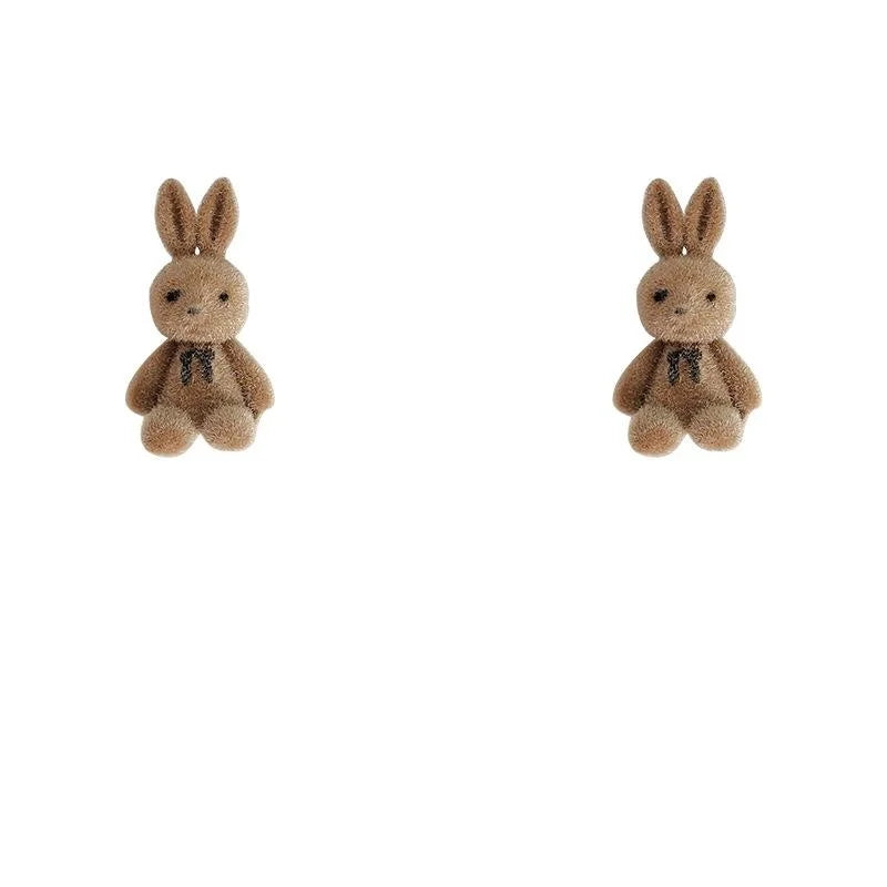 Cute Flocked Bunny Silver Plated Pin Stud Earrings For Women Korean Sweet Animal Jewelry
