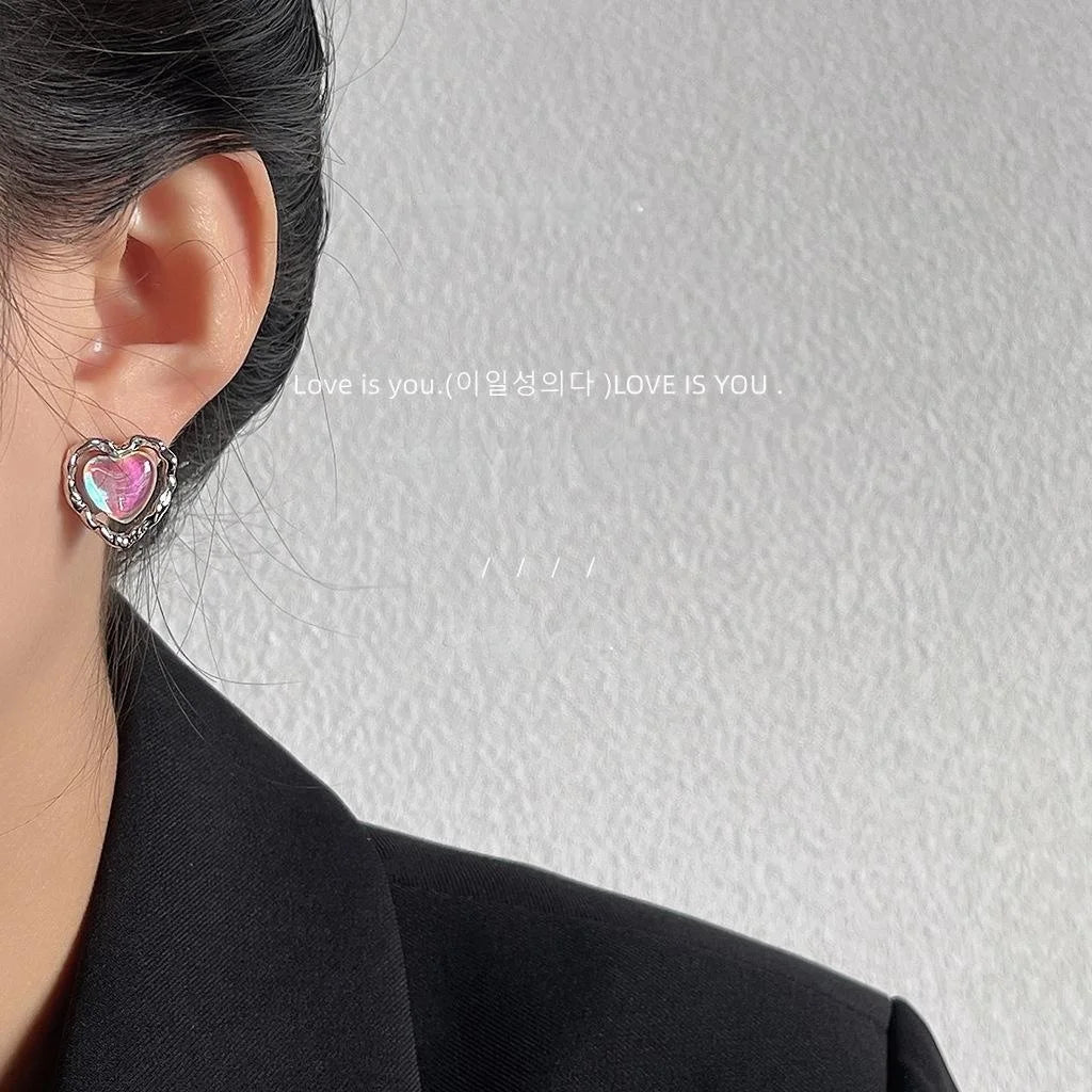 Sweet Cool Iridescent Pink Heart Stud Earrings Eco Copper White Moonlight Design