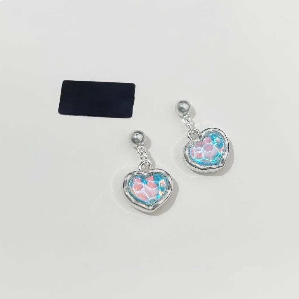 Sea Blue Glass Heart Drop Earrings For Women, Irregular Fresh Vacation Style Jewelry