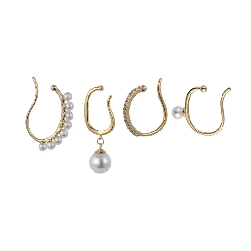 Elegant Gold Alloy Pearl Ear Cuff Hoop Stud & Clip On No Piercing Rhinestone Ear Bone Wrap Earrings