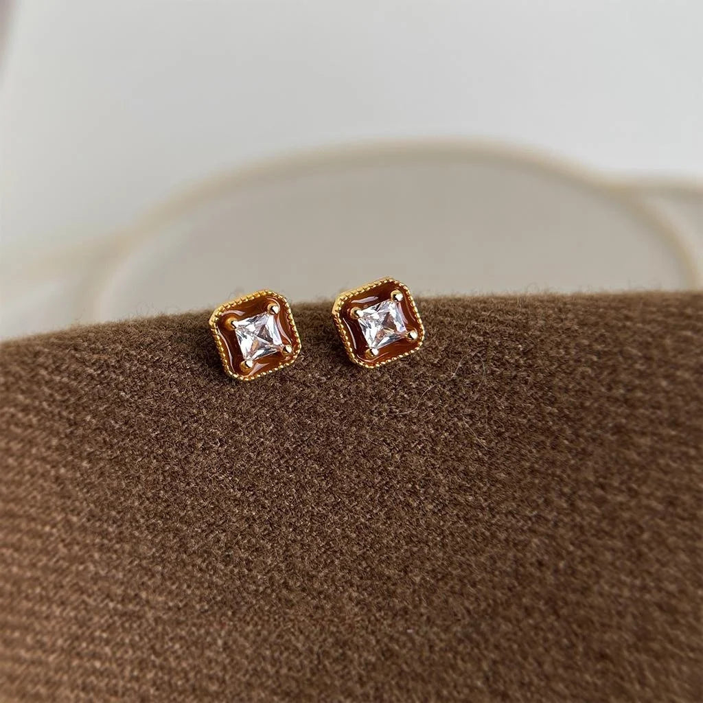 Mini Geometric Square Zircon Enamel Copper Stud Earrings, Silver Plated Light Luxury Jewelry