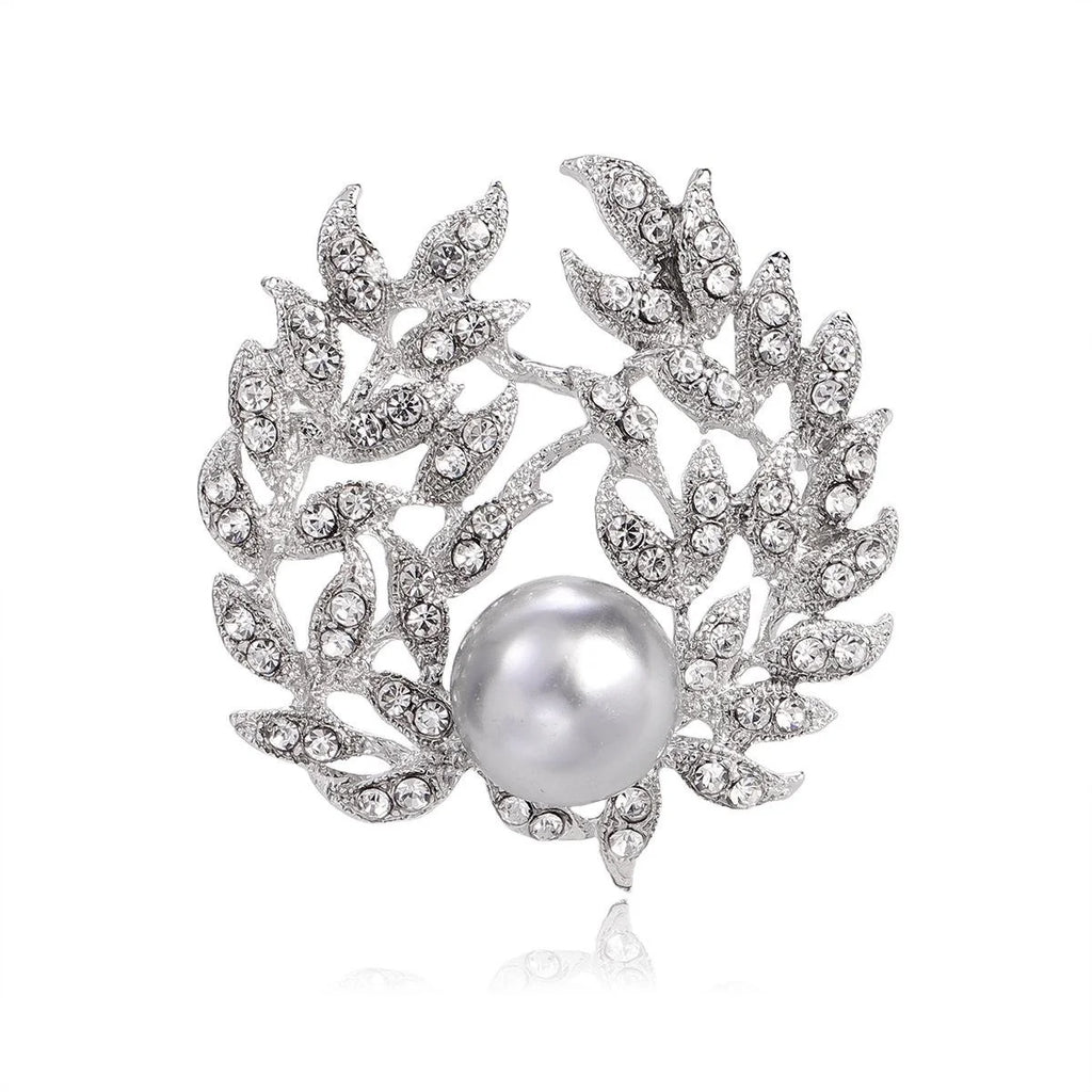 Elegant Rhinestone Leaf Wreath Brooch With Faux Pearl, Luxury Women's Lapel Pin Corsage Suit Accessory Gift