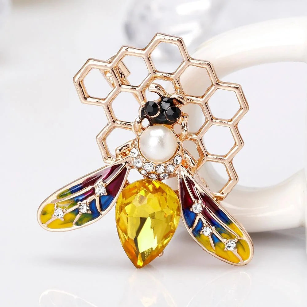 Luxury Enamel Bee Honeycomb Brooch With Pearl Rhinestone Alloy Lapel Pin Corsage Gift For Women