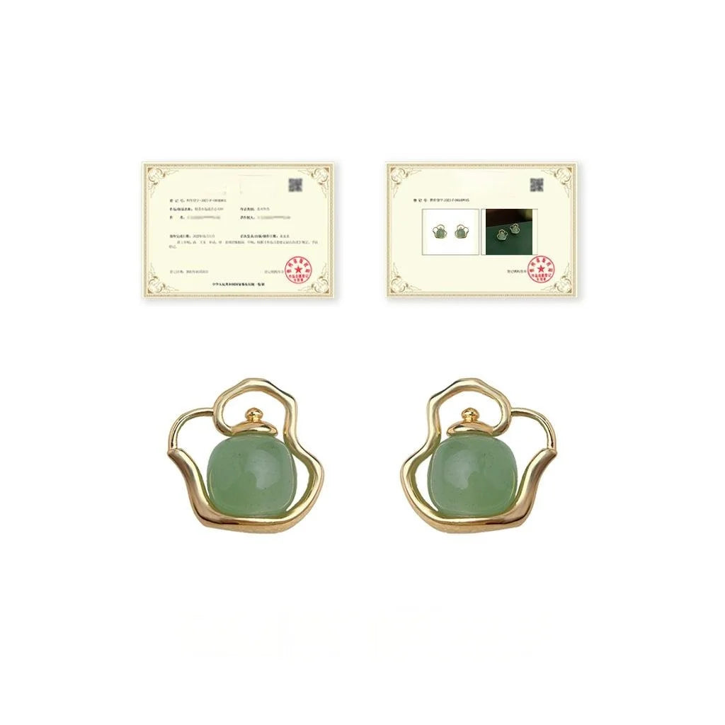 Designer Natural Aventurine Jade Teapot Stud Earrings 14K Plated Copper New Chinese Jewelry