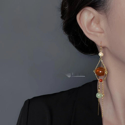 Maillard Style Copper Red Agate Aventurine Geometric Tassel Drop Earrings For Women