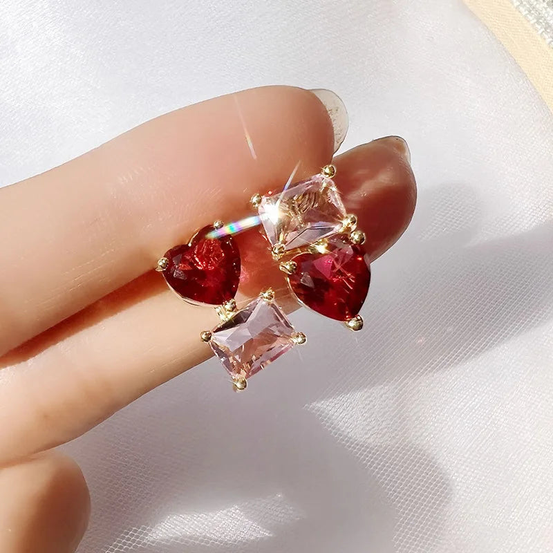 Elegant Gold Tone Alloy Pink Zircon Heart And Square Crystal Stud & Clip On No Piercing Earrings