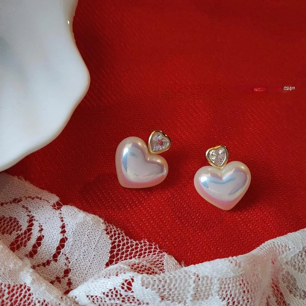 Korean Japanese Sweet Heart Zircon 14K Plated Copper Stud Earrings