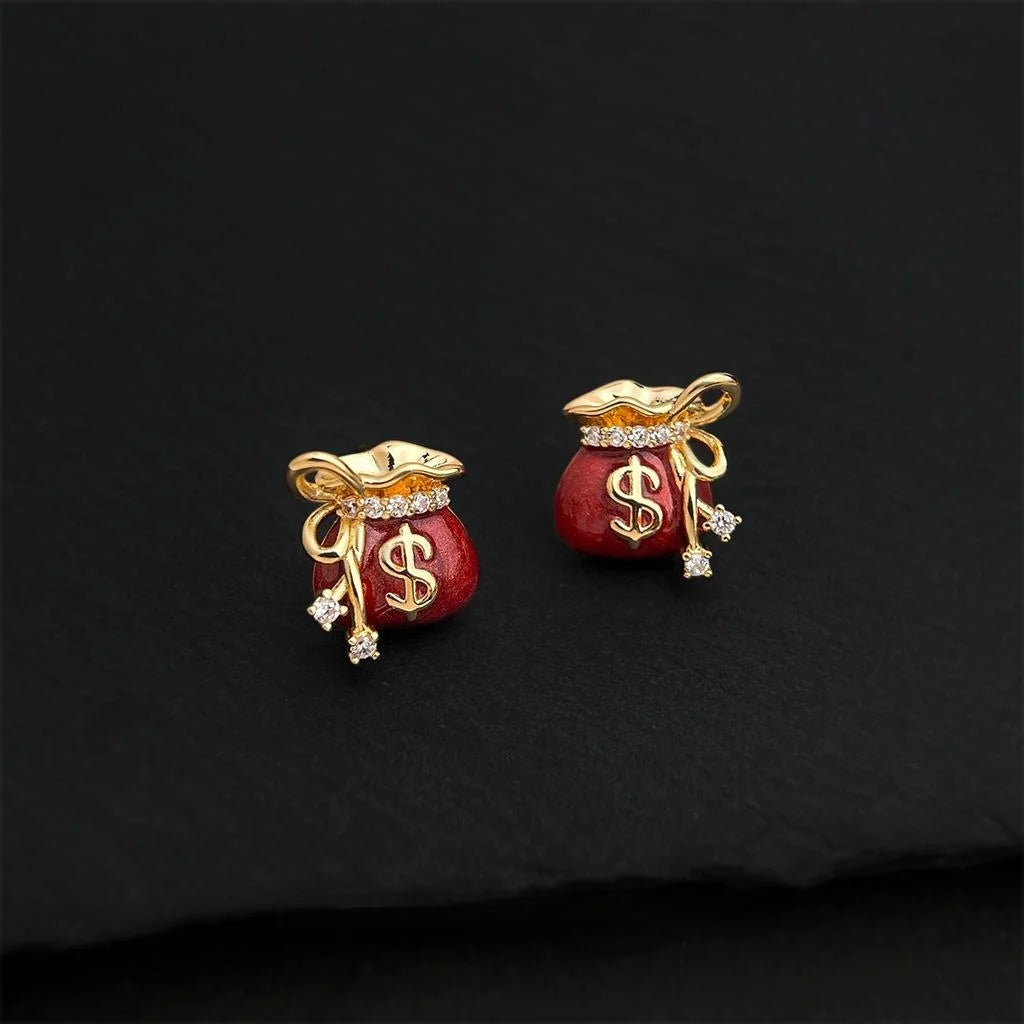 Luxury Burgundy Enamel Zircon Copper Money Bag Stud Earrings