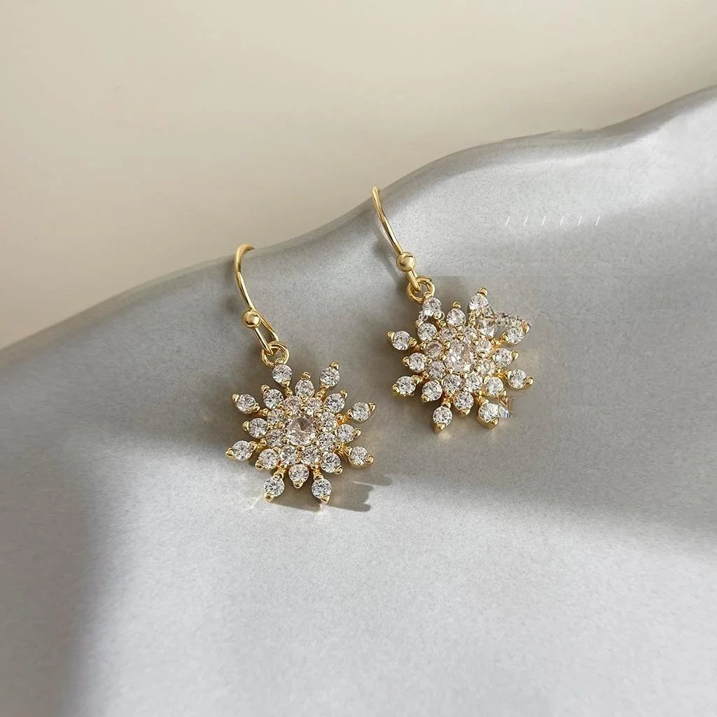 14K Gold Plated Copper Snowflake Micro Pave Zircon Drop Earrings Elegant Luxury Style