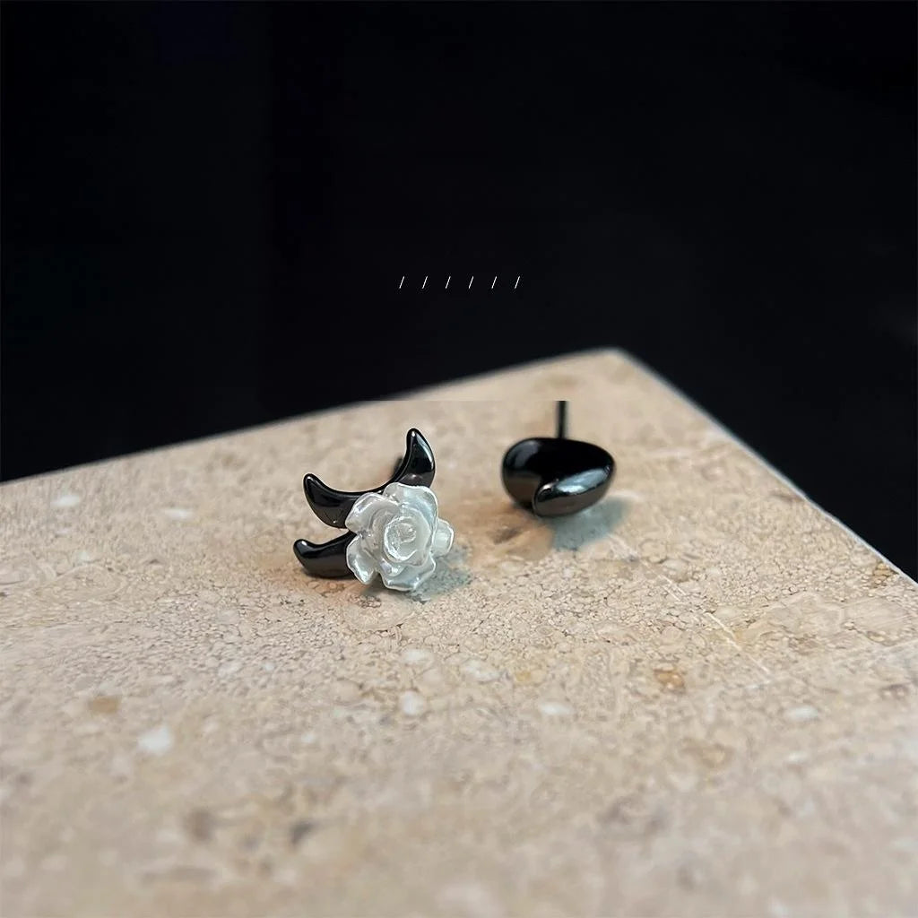 Designer Asymmetric Rose And Thorn Copper Resin Stud Earrings, Sweet Cool Floral Niche Jewelry