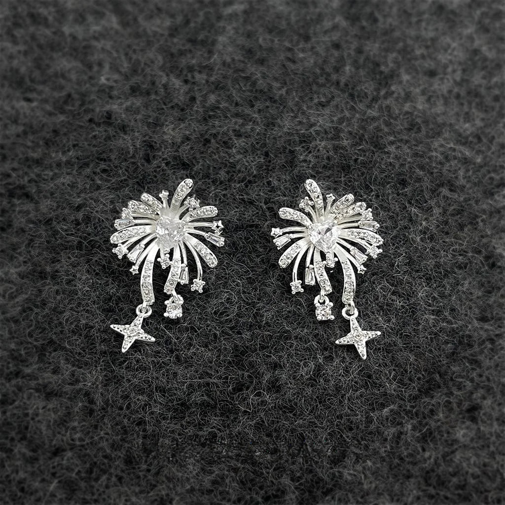 Designer Firework Starburst Tassel Drop Earrings, Copper Zircon Floral Geometric