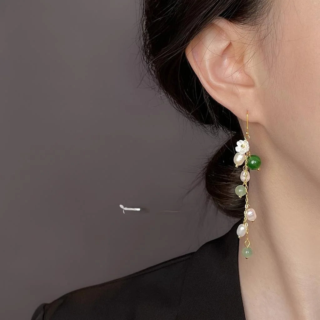 Natural Freshwater Pearl Stone Long Tassel Flower Leaf Drop Earrings New Chinese Vintage Jewelry