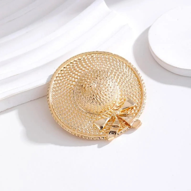 Vintage Gold Alloy Straw Beach Hat Bow Brooch, Elegant Japanese Style Lapel Pin Suit Accessory Gift