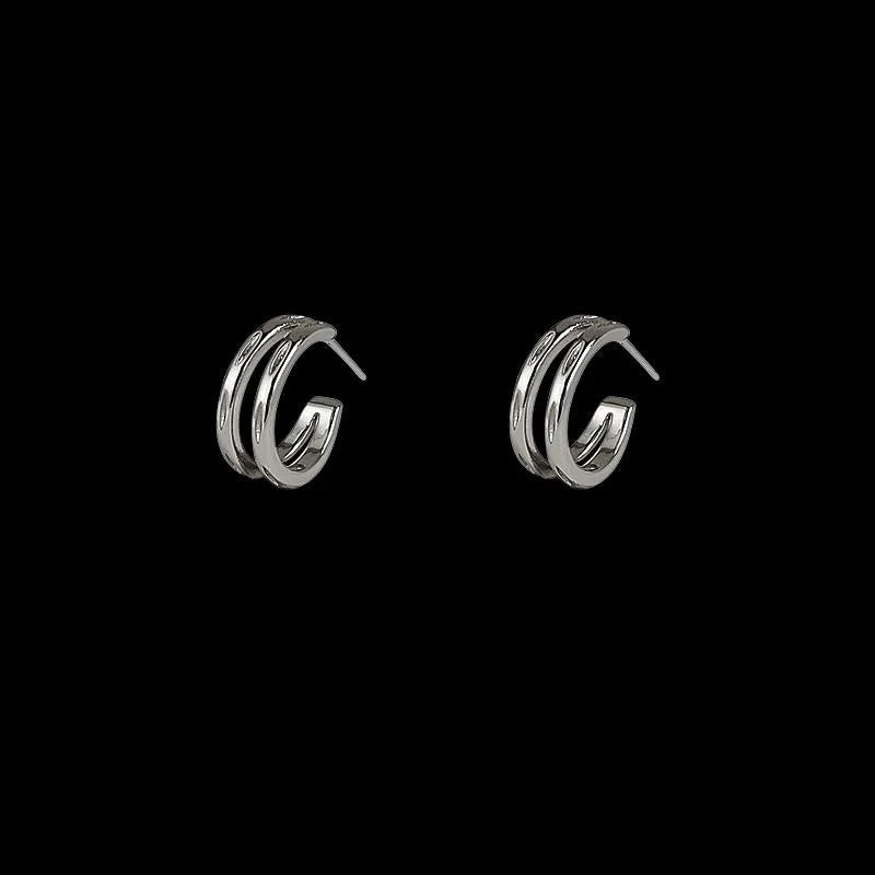 Sweet Cool Silver Plated Copper Geometric Hoop Stud Earrings Minimalist Round Ear Cuff Style