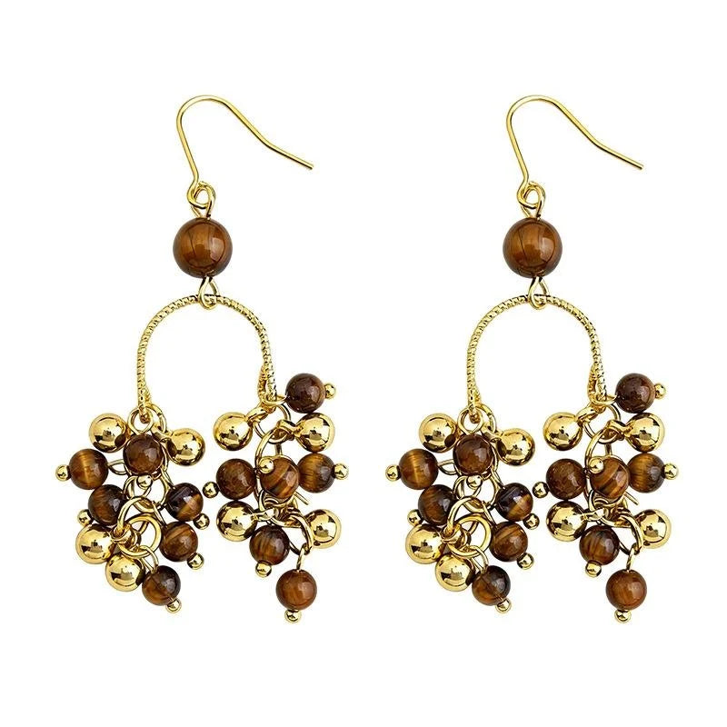 Vintage Maillard Tiger Eye Stone Copper Long Tassel Drop Earrings Geometric Round Statement Jewelry