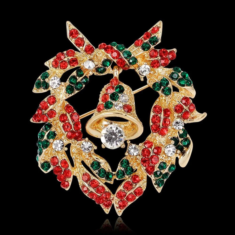 Elegant Christmas Wreath Bell Rhinestone Alloy Brooch, Festive Corsage Lapel Pin Suit Accessory Gift