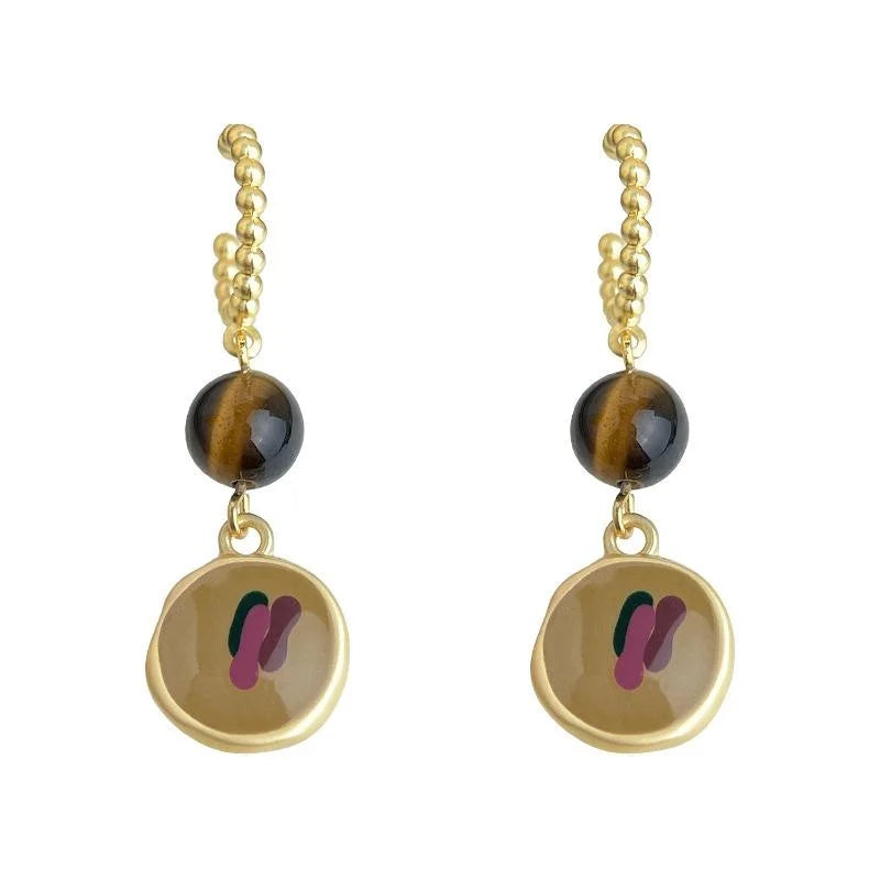 Vintage Oil Painting Style Tiger Eye Stone Enamel Geometric Long Drop Earrings for Women