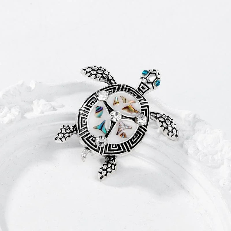 Vintage Sea Turtle Brooch With Mother Of Pearl Shell And Rhinestones, Antique Silver Alloy Lapel Pin Gift
