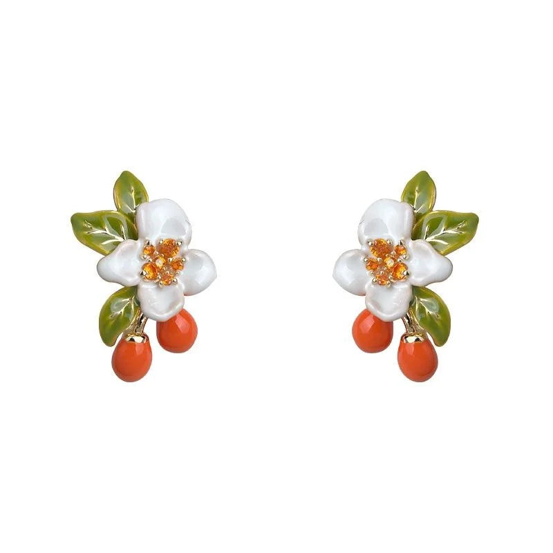 Pastoral Style Enamel Flower Stud Earrings Copper Zircon Silver Plated Designer Jewelry