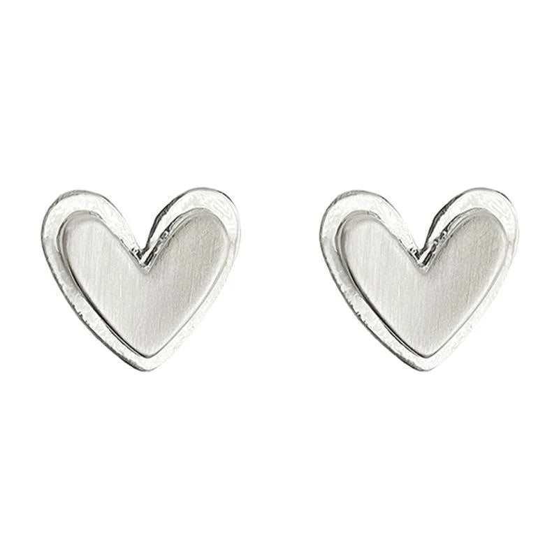 Korean Minimalist Brushed Double Layer Heart Copper Stud Earrings With Silver Plated Pins