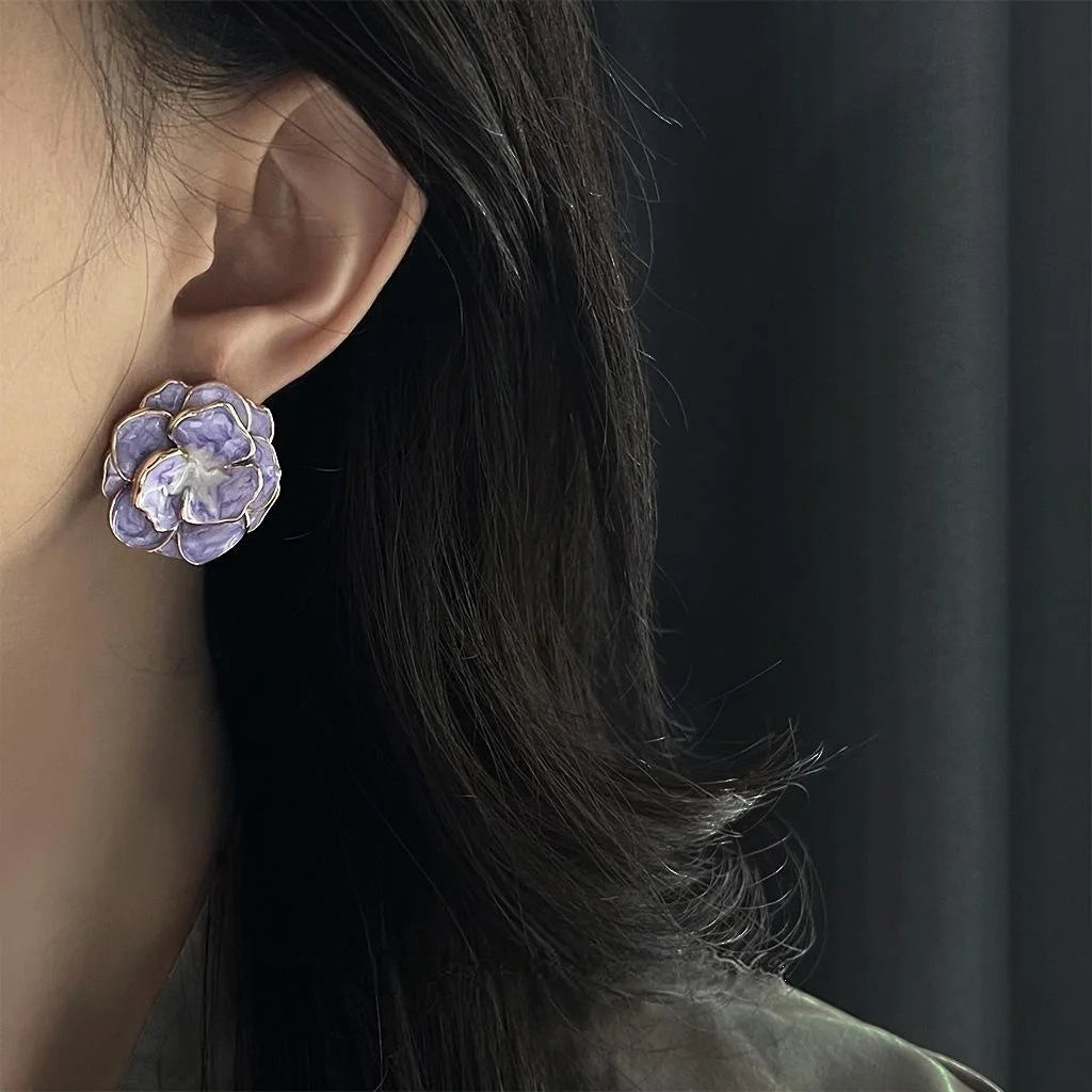 Vintage Style 14K Plated Copper Oversized Flower Enamel Purple Drop Earrings