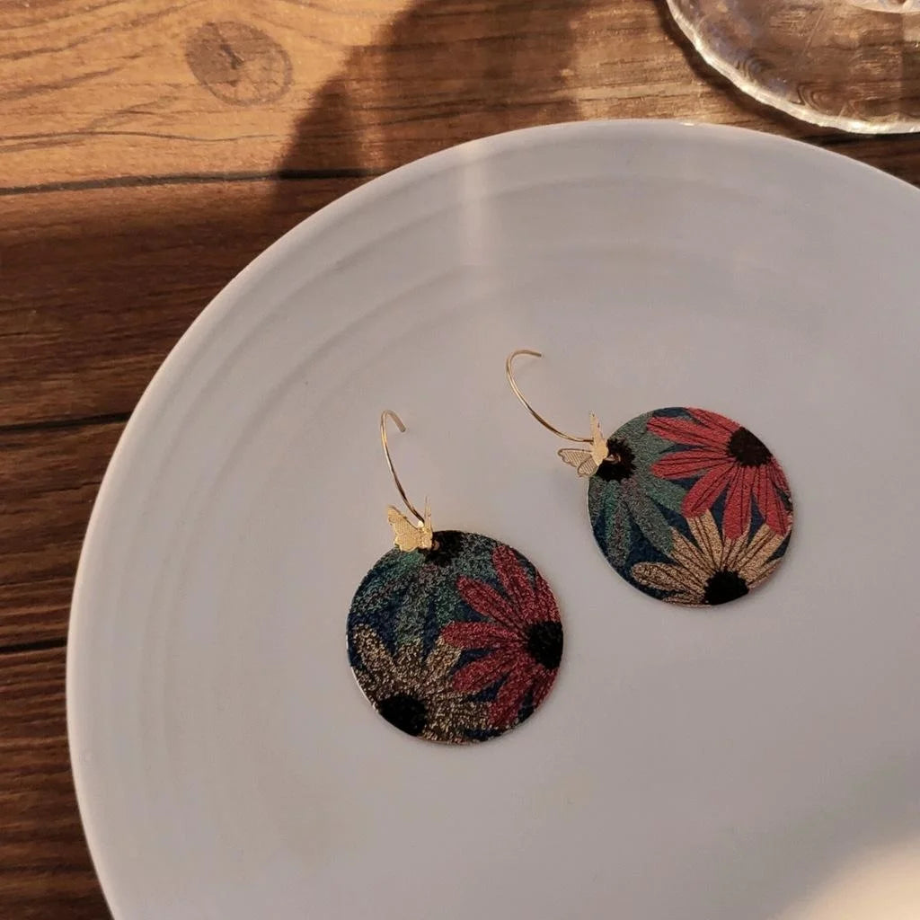 Gold Plated Copper Round Geometric Butterfly Flower Drop Earrings Ethnic Painted Statement Jewelry