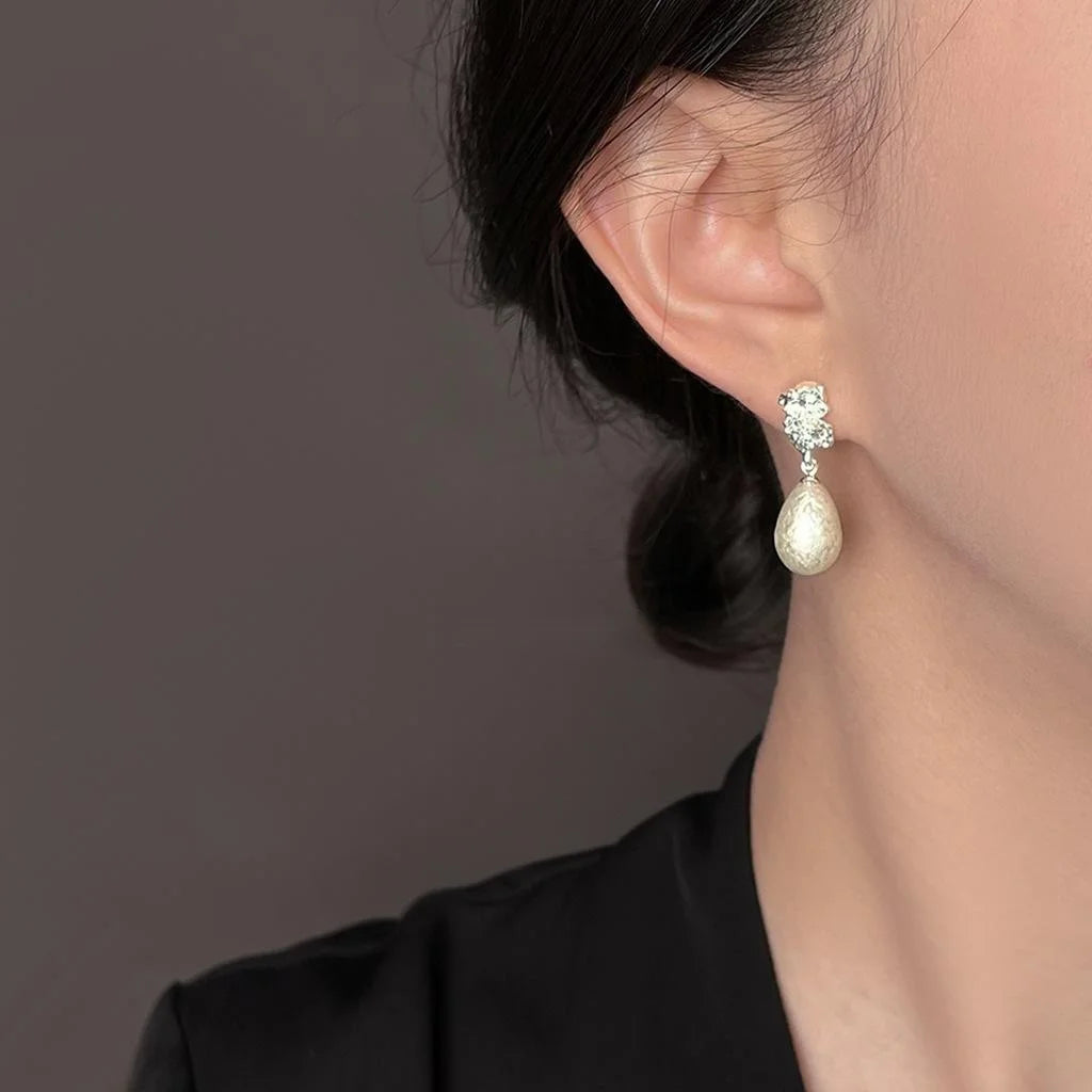 French Textured Snowflake Pearl Teardrop Copper Drop Earrings Silver Plated Luxury Style