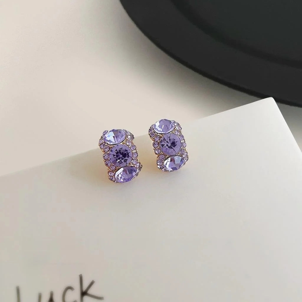 Sparkling Rhinestone Purple Geometric Half Hoop Copper Stud Earrings, Minimalist Trendy Jewelry