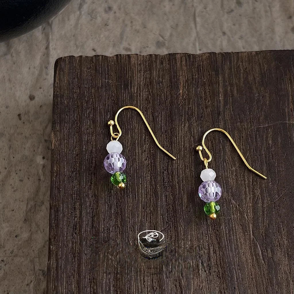 Lavender Purple Glass Crystal Geometric Drop Earrings Handmade Minimalist Niche Style