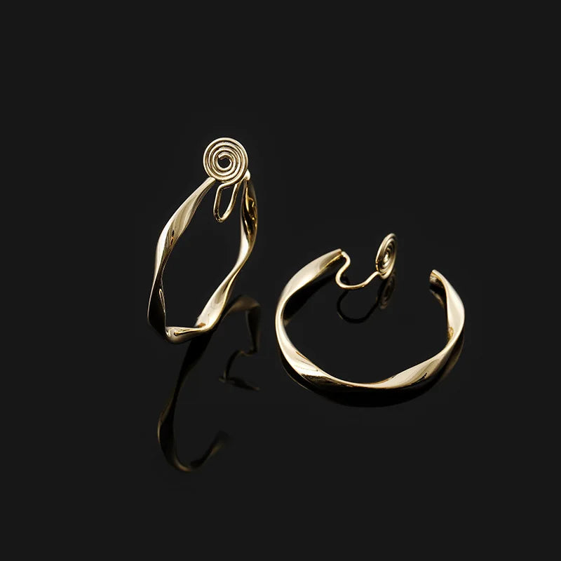 Elegant Twisted Spiral Hoop Alloy Stud & Clip On No Piercing Gold Circle Ear Cuff Earrings