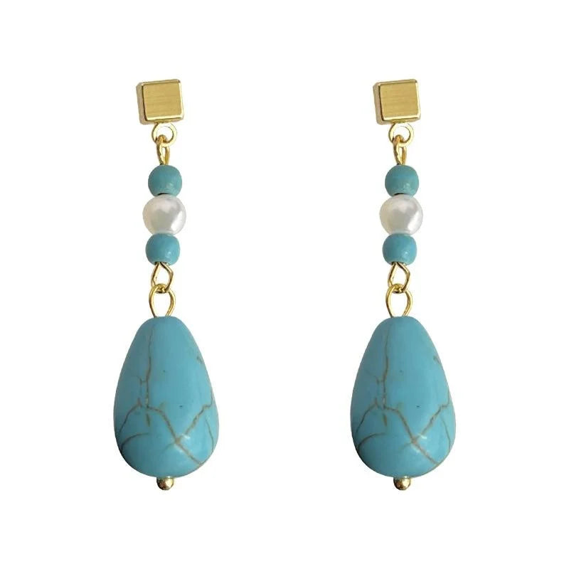 Vintage New Chinese Handmade Freshwater Pearl Synthetic Turquoise Teardrop Drop Earrings