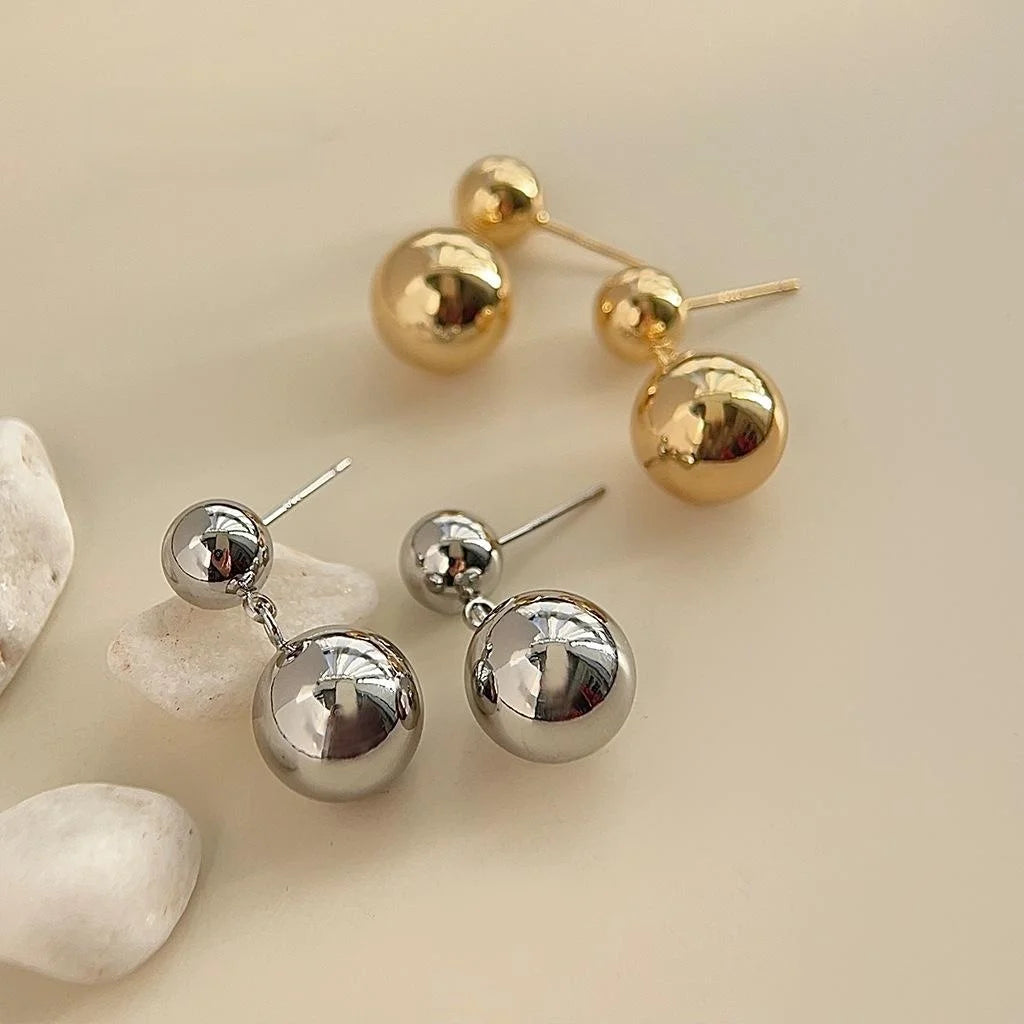 18K Gold Plated Copper Double Ball Drop Earrings, Smooth Geometric Light Luxury Jewelry